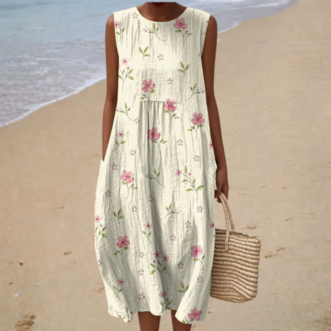 Floral Print Round Neck Sleeveless Pocket Cocoon Midi Beach Dress