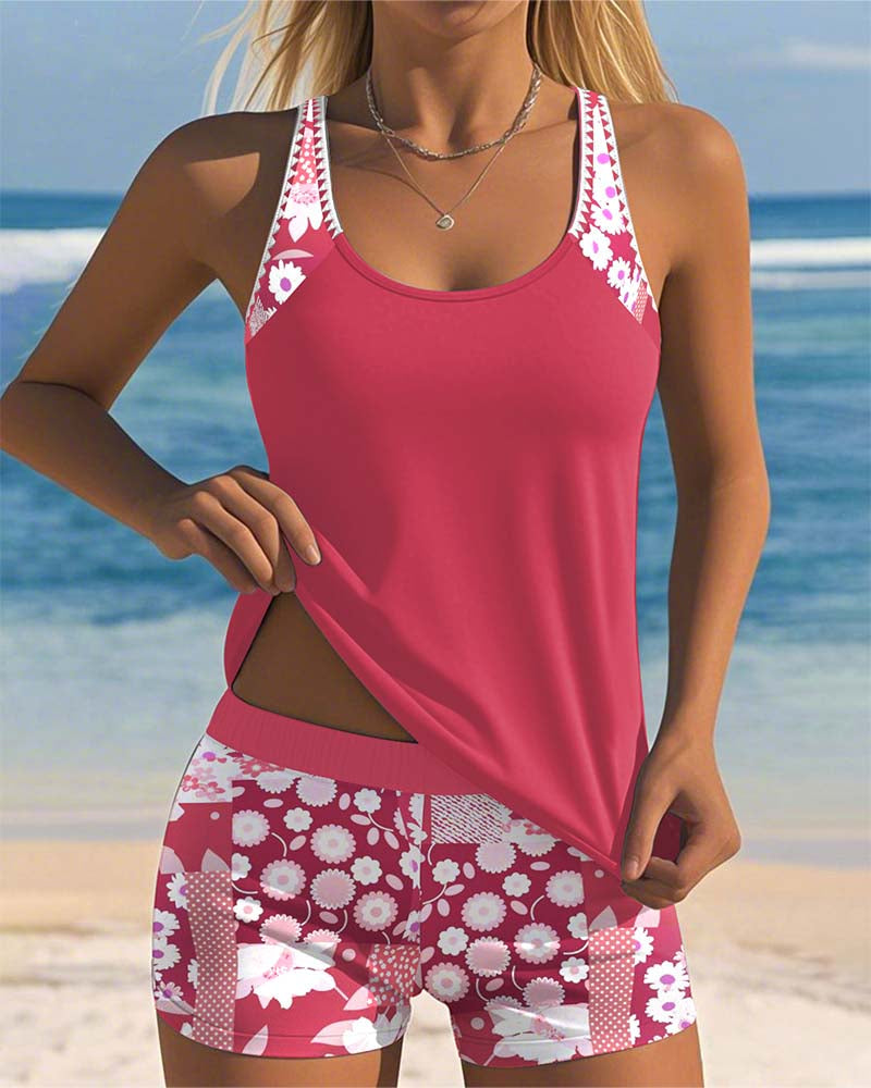 Floral Print Adjustable Strap Tankini Top and Shorts Swimsuit Set