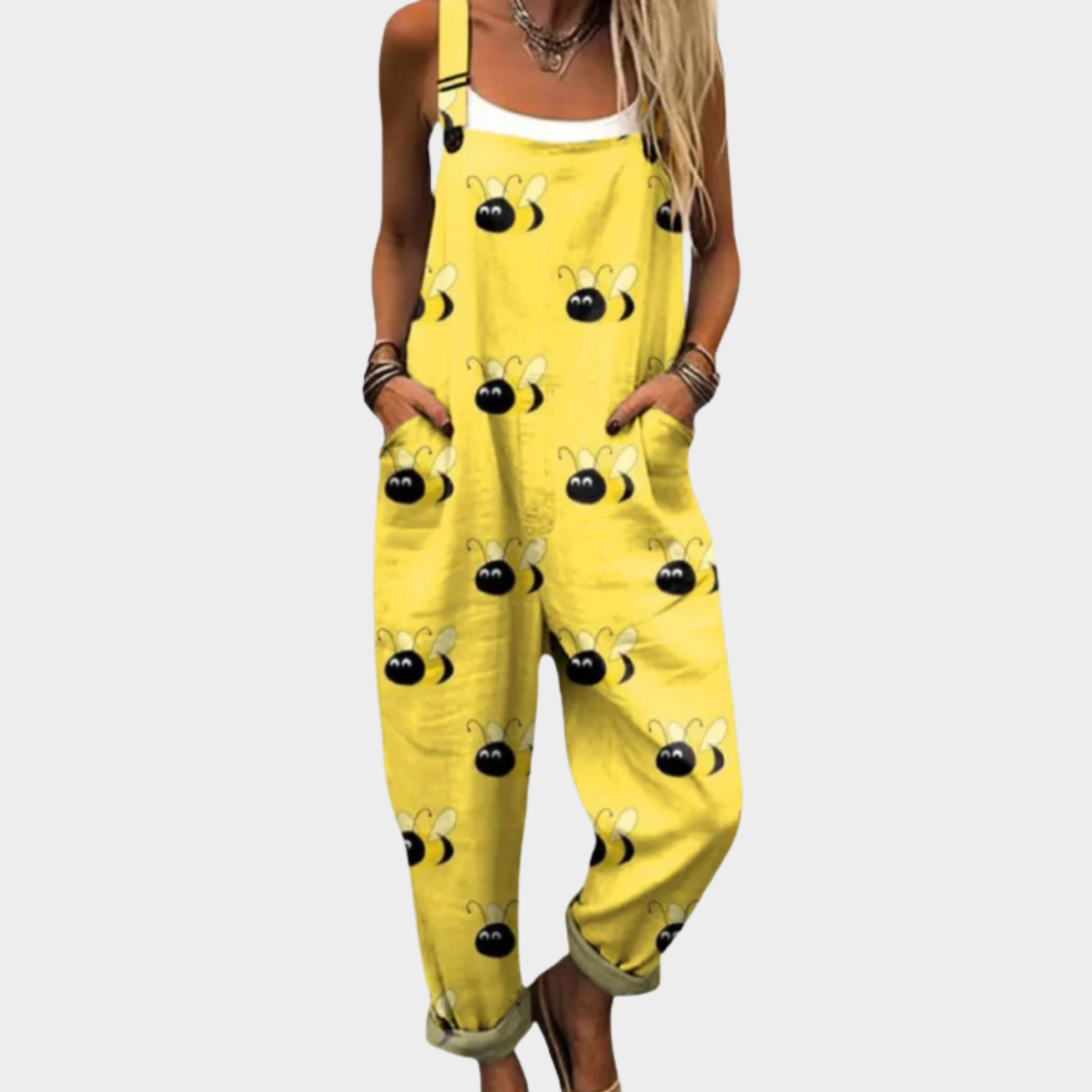 Bee Print Wide Leg Dungaree Overalls