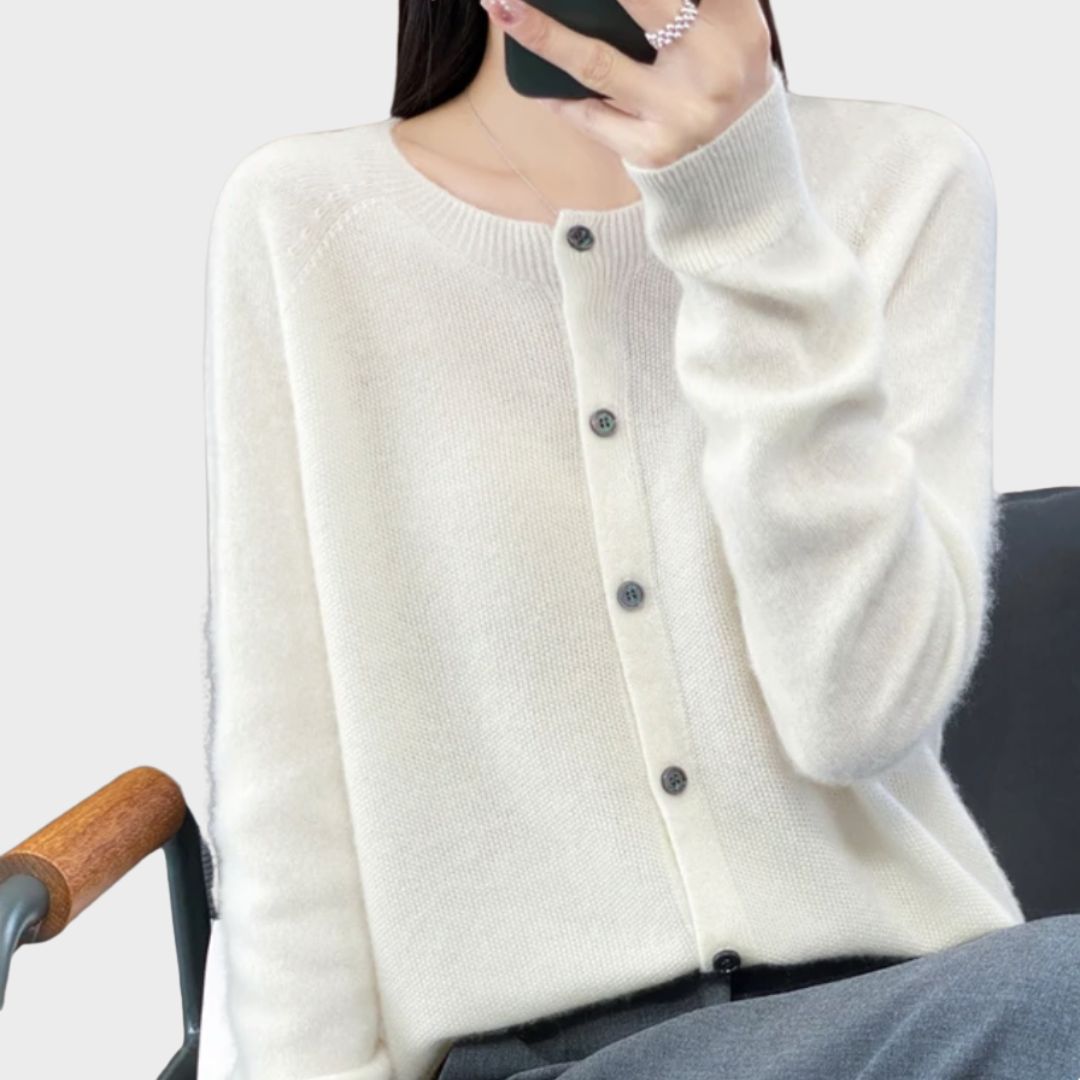 Crew Neck Button Front Long Sleeve Knit Cardigan