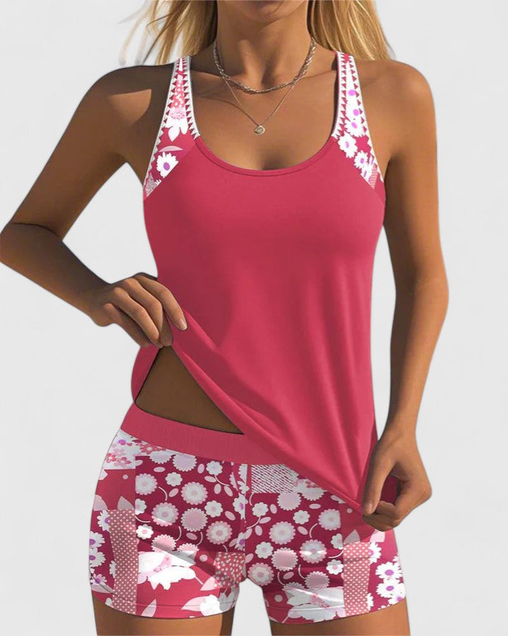 Racerback Tank and Floral Print Shorts Tankini Swimsuit Set