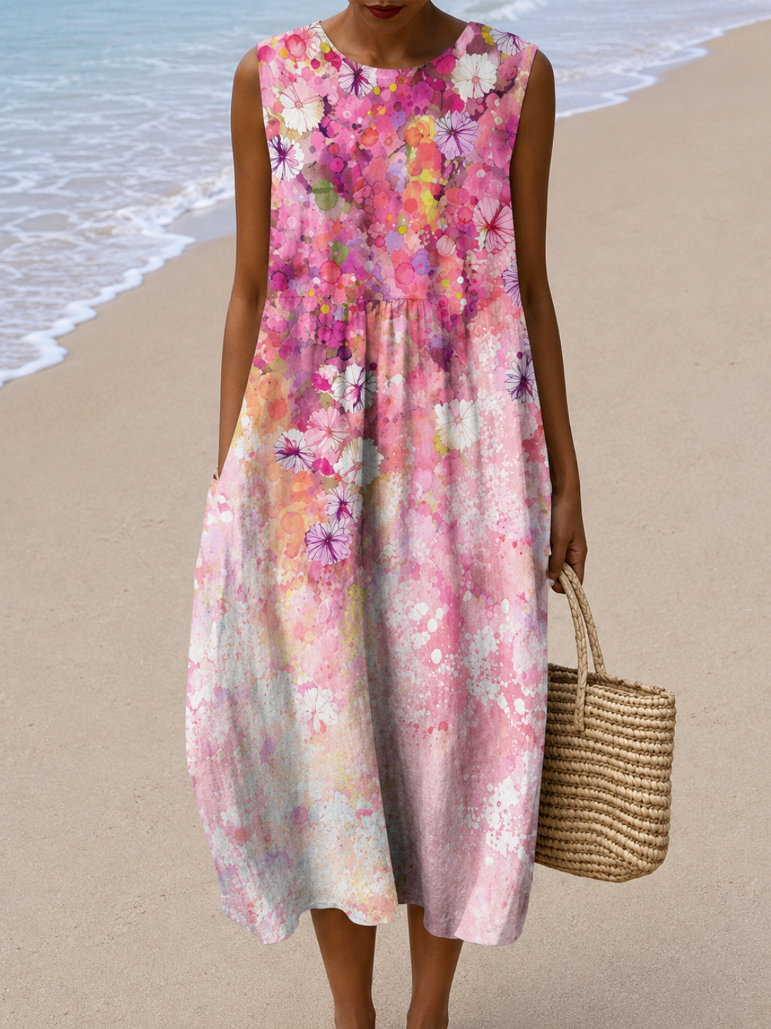 Speckled Floral Crew Neck Sleeveless Pocket Midi Dress