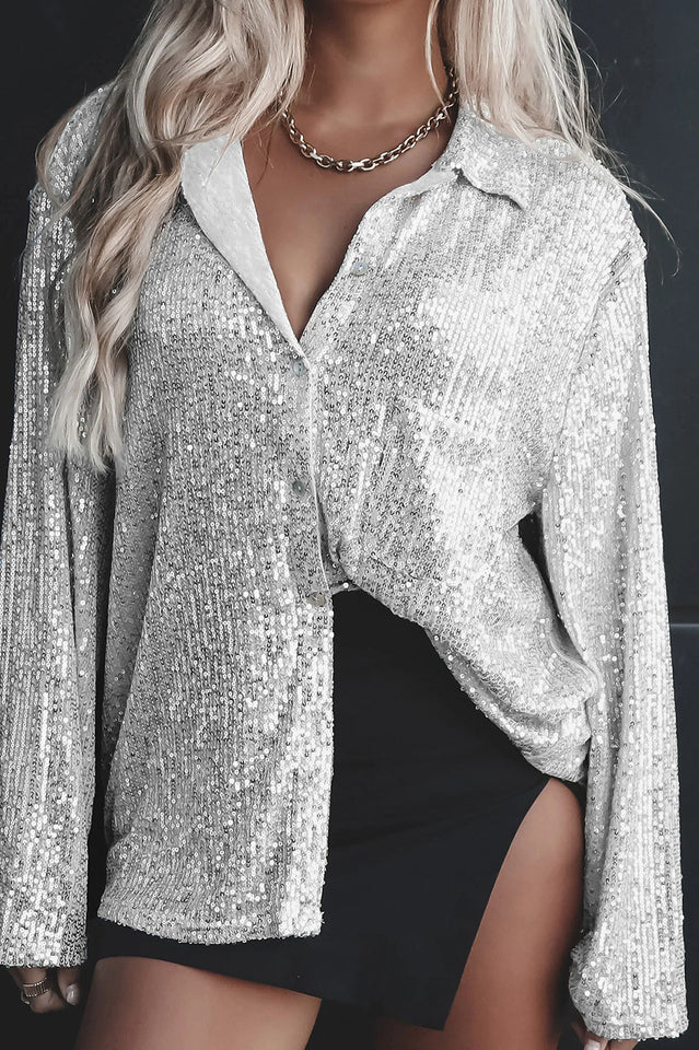 Sequin Collared V-Neck Long Sleeve Oversized Button Front Shirt 24