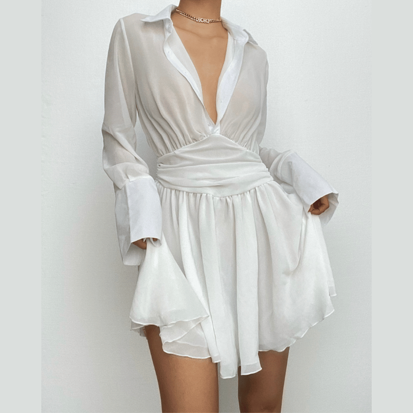 Sheer Chiffon Collared Deep V-Neck Flare Sleeve Ruched Waist Mini Dress