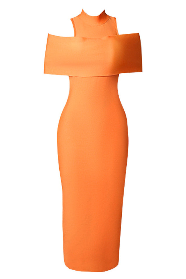 Mock Neck Cold Shoulder Cape Overlay Bandage Bodycon Midi Dress 12