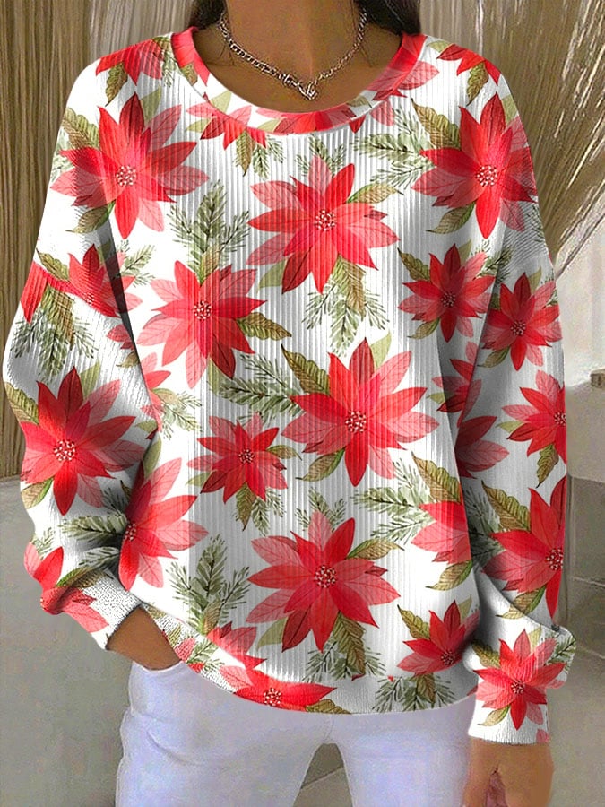 Poinsettia Floral Crew Neck Ribbed Knit Sweatshirt
