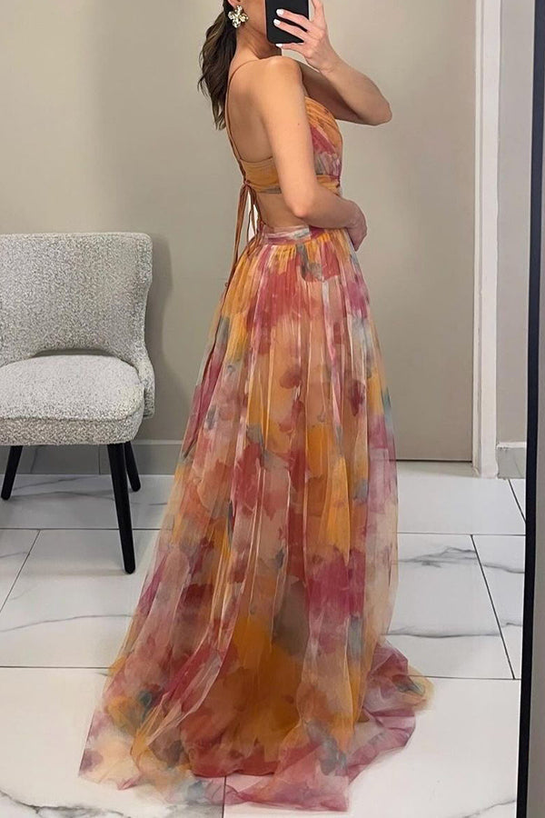 Floral Print Tulle V-Neck Spaghetti Strap High Split Maxi Gown
