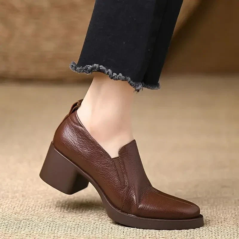 Pointed Toe Slip On Block Heel Loafer Pumps
