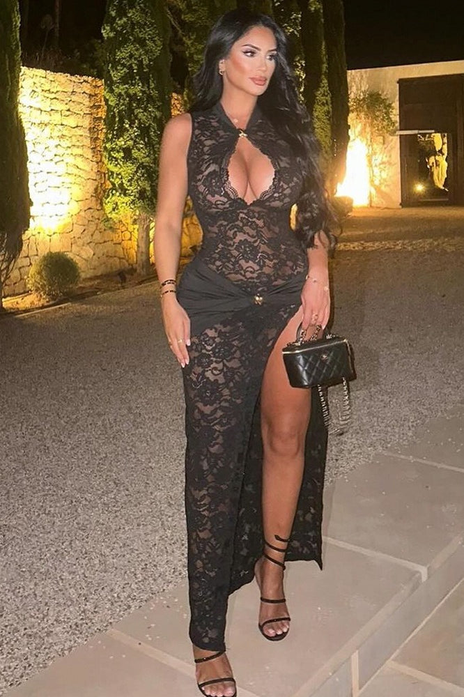 Sheer Lace Keyhole Halter Neck Draped Waist High Split Maxi Dress 5