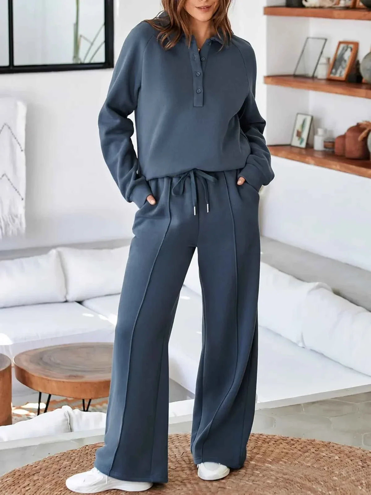 Collared Button Placket Sweatshirt and Seam Front Wide Leg Pants Two Piece Set 16