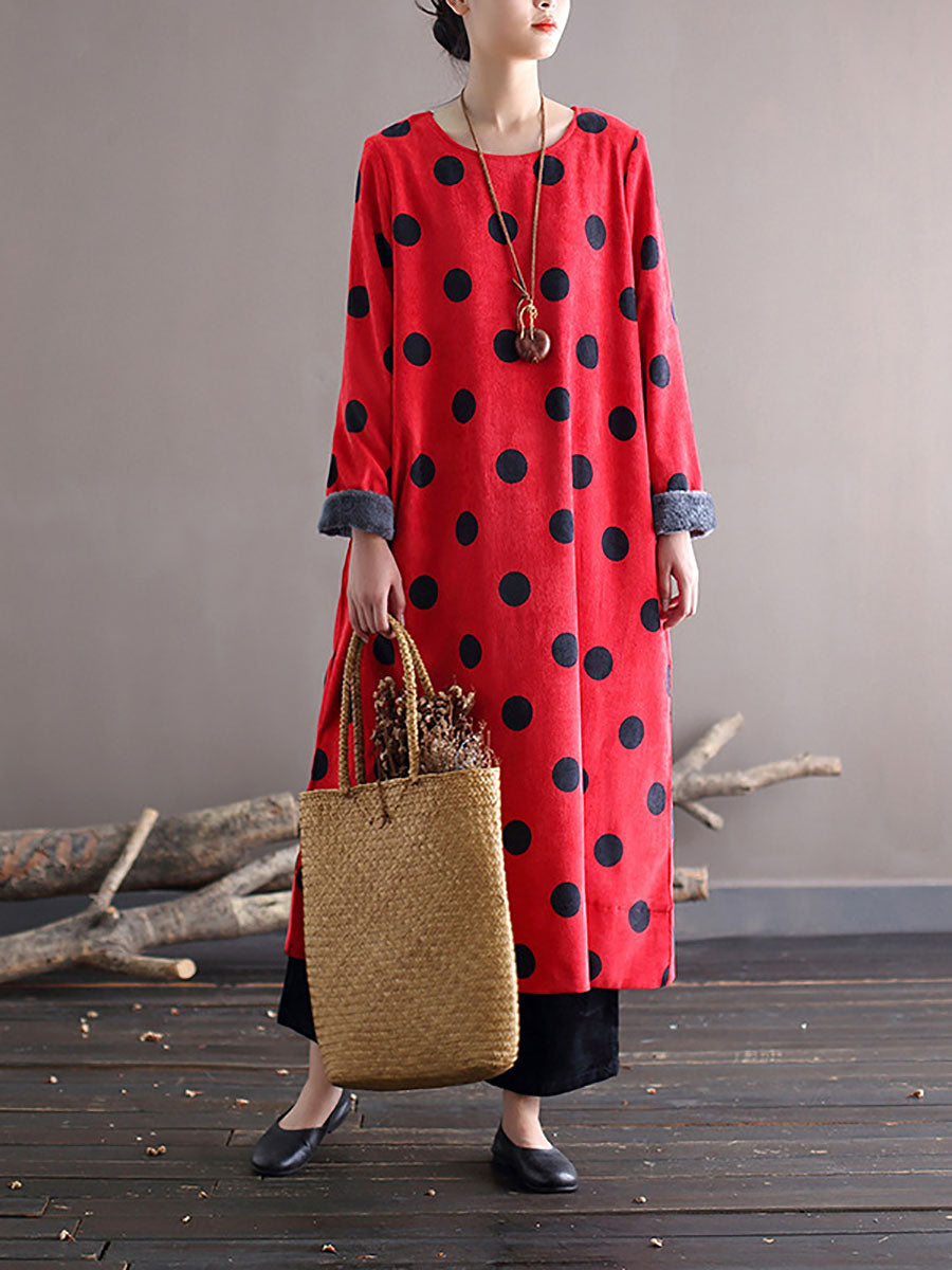 Polka Dot Corduroy Crew Neck Long Sleeve Oversized Midi Dress