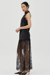 Round Neck Sheer Spliced Solid Elegant Lace Dress