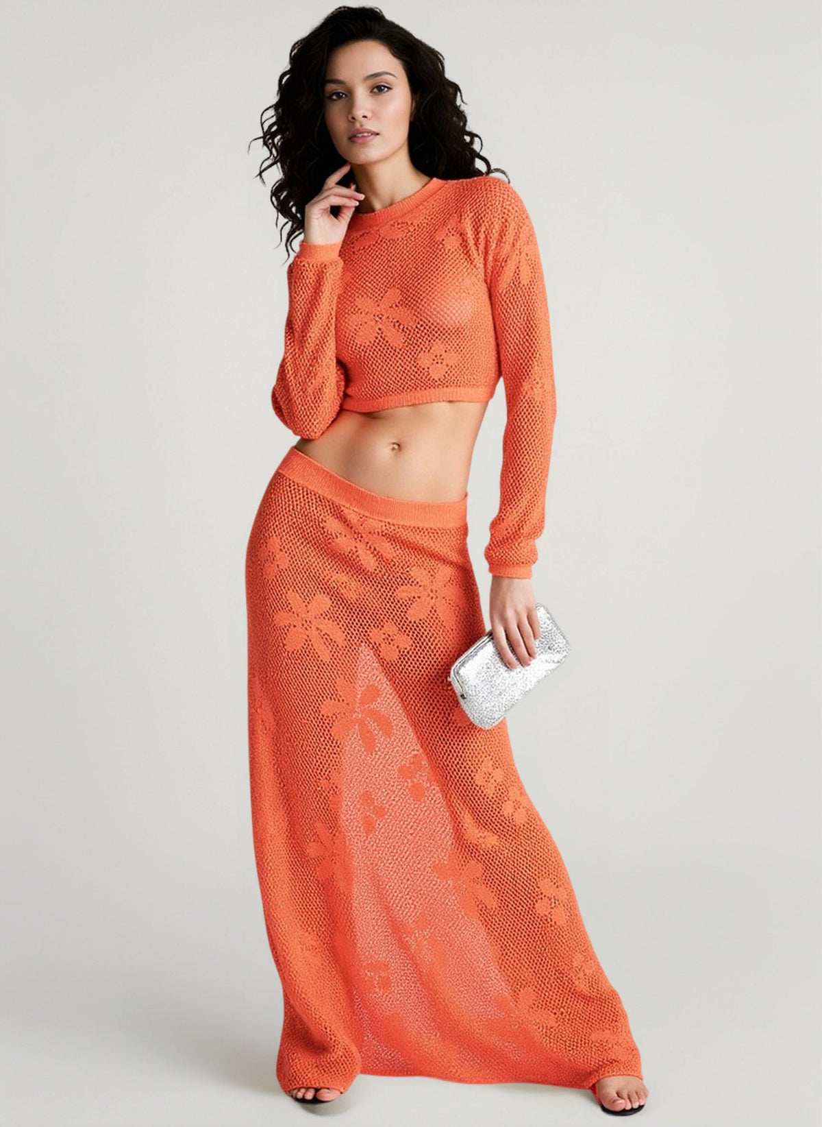 Open Knit Tie Front Long Sleeve Crop Top and Floral Crochet Maxi Skirt Two Piece Set 2