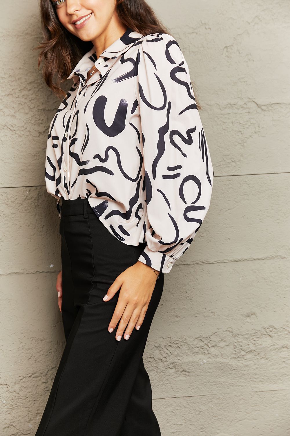 Abstract Print Collared Long Puff Sleeve Button Front Shirt 5