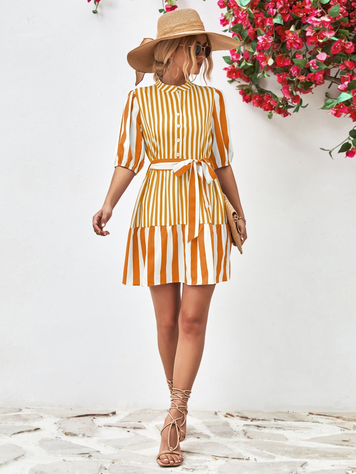 Striped Puff Sleeve Button Front Belted Ruffle Hem Mini Dress 10