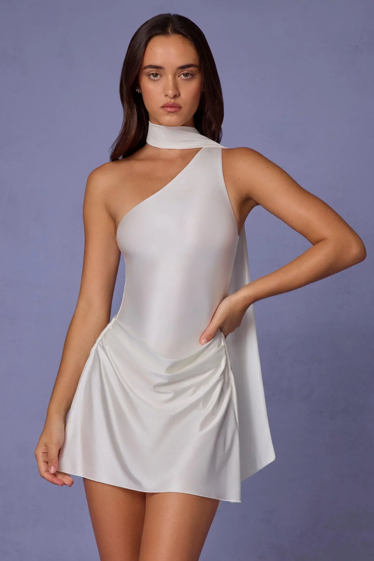 Asymmetric Scarf-Detail Mini Dress in White