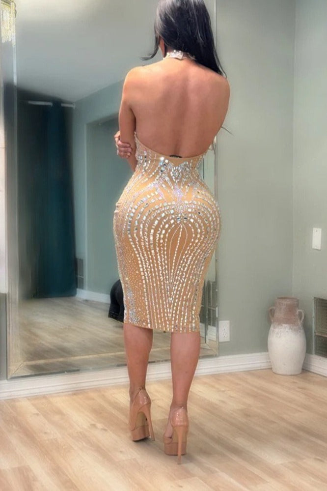 Backless Sleeveless Rhinestone Mesh Milk Silk Cocktail Dress 4