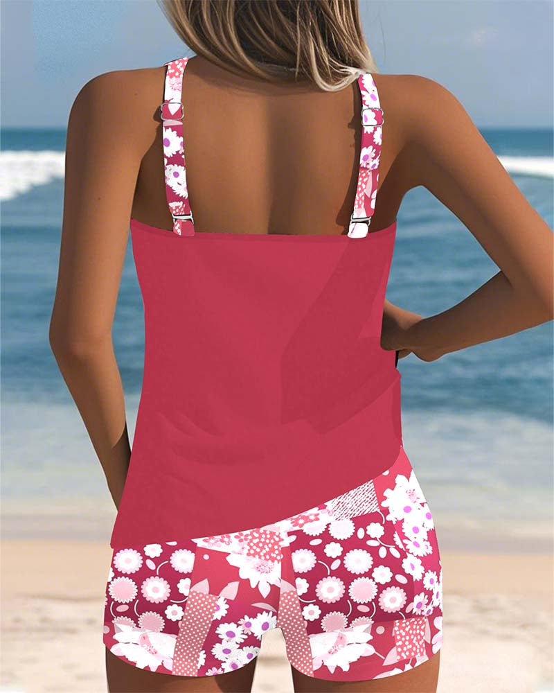 Floral Print Adjustable Strap Tankini Top and Shorts Swimsuit Set