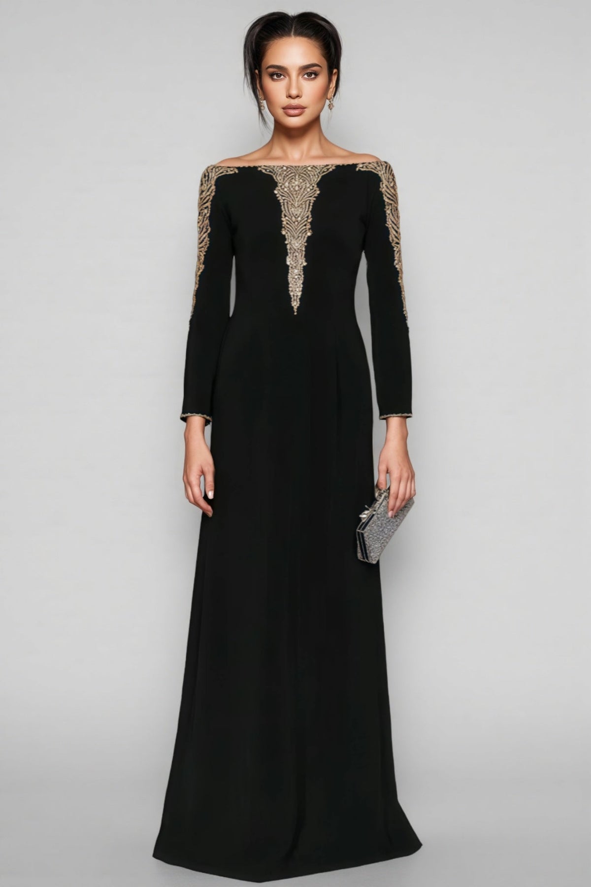 Off Shoulder Long Sleeve Beaded Embroidered Column Maxi Gown