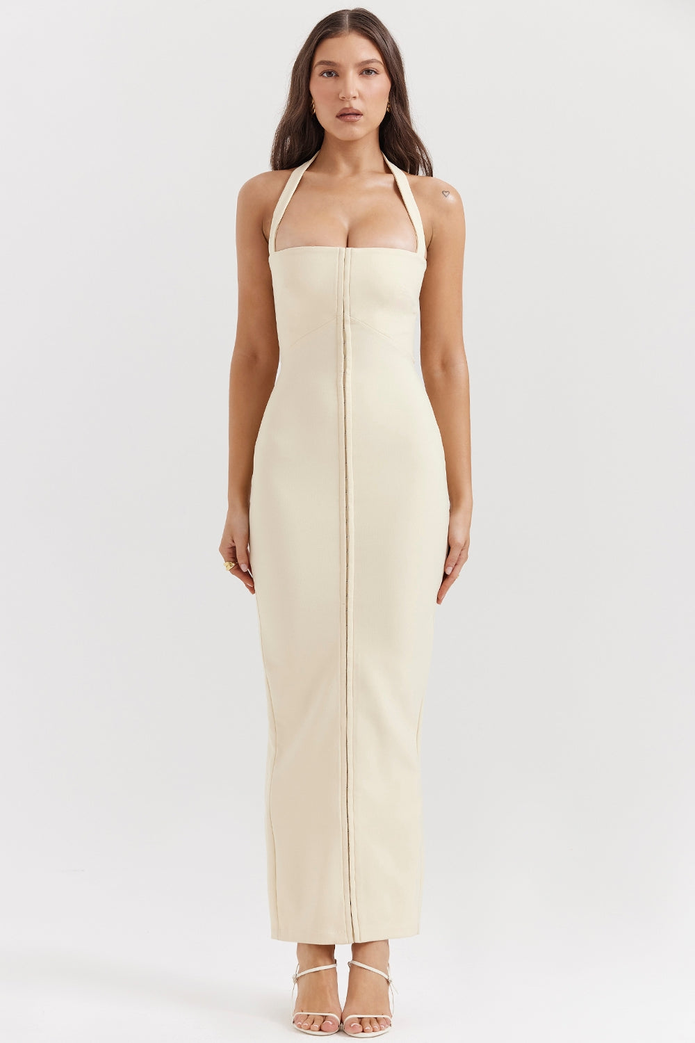 Halter Neck Square Bust Hook Front Bodycon Maxi Dress 3