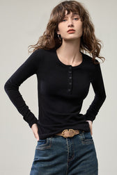 Stretchy Ribbed Henley Long Sleeve Top