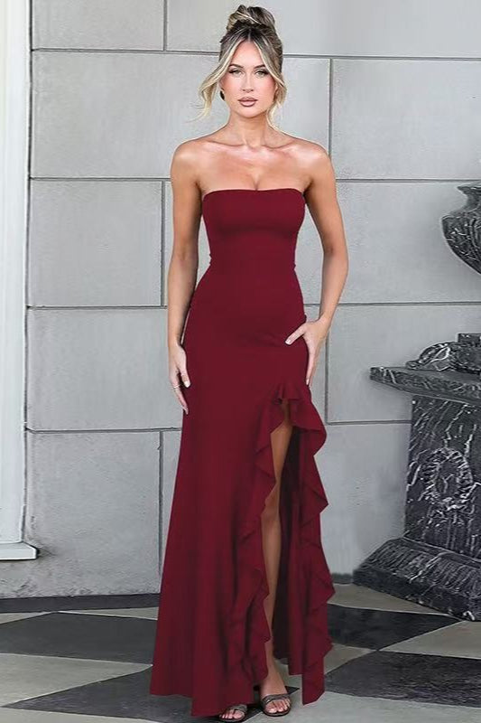 Strapless Ruffle High Slit High Low Maxi Dress
