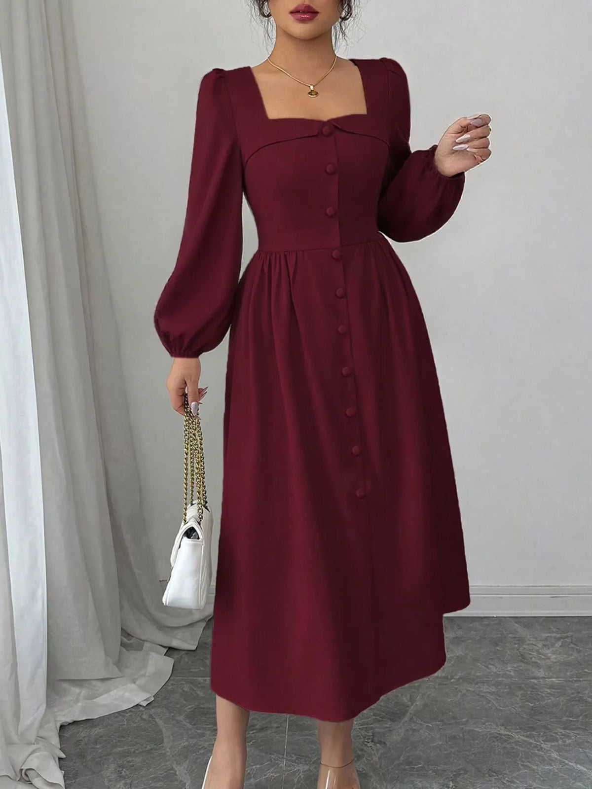 Square Neck Balloon Sleeve Button Front A-Line Midi Dress