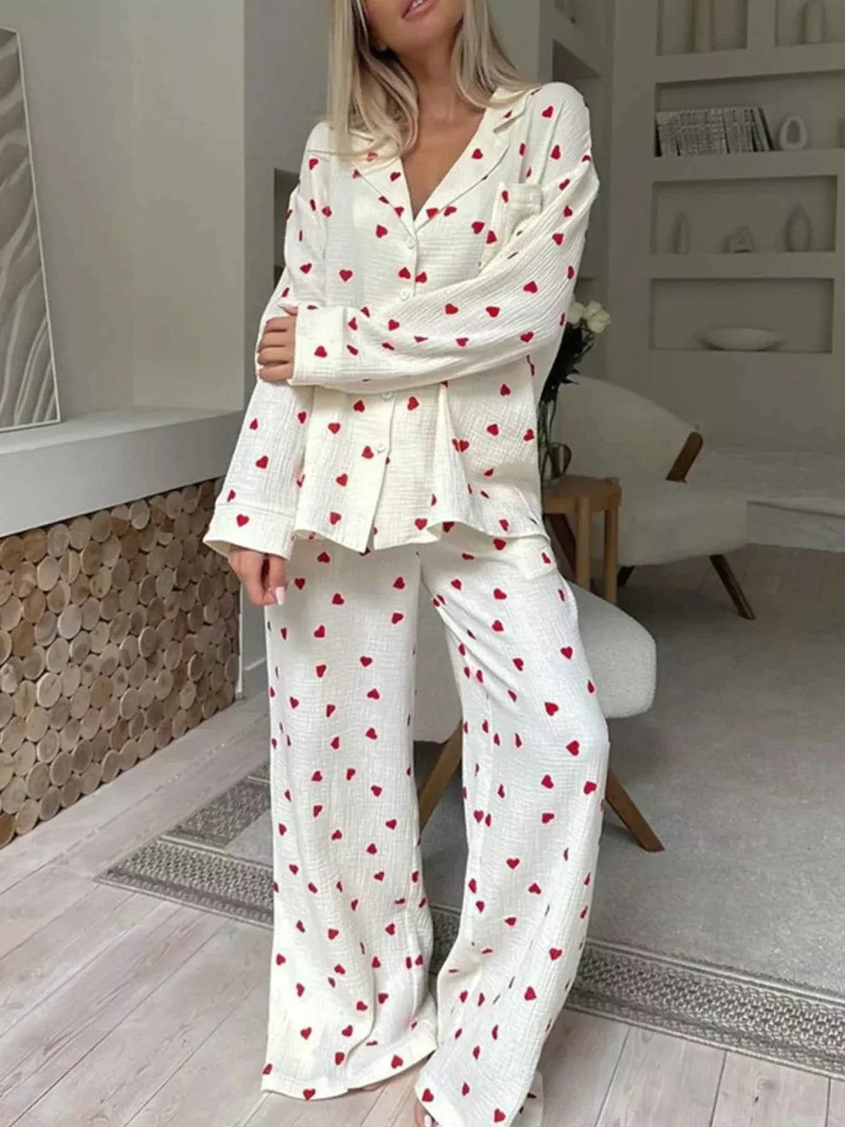 Heart Print Textured Button Front Shirt and Wide Leg Pants Two Piece Set