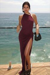 Sexy Halter Slit Tie Backless Ruched Bodycon Party Dress