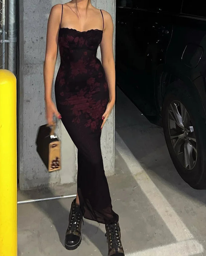 Floral Mesh Spaghetti Strap Lace Trim Bodycon Maxi Dress