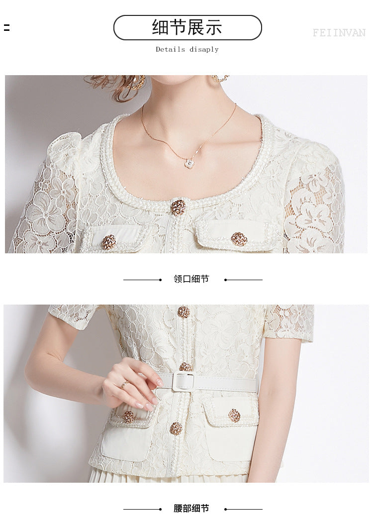 Faux Two Piece Lace Long Sleeve Pleated Midi Dress 43
