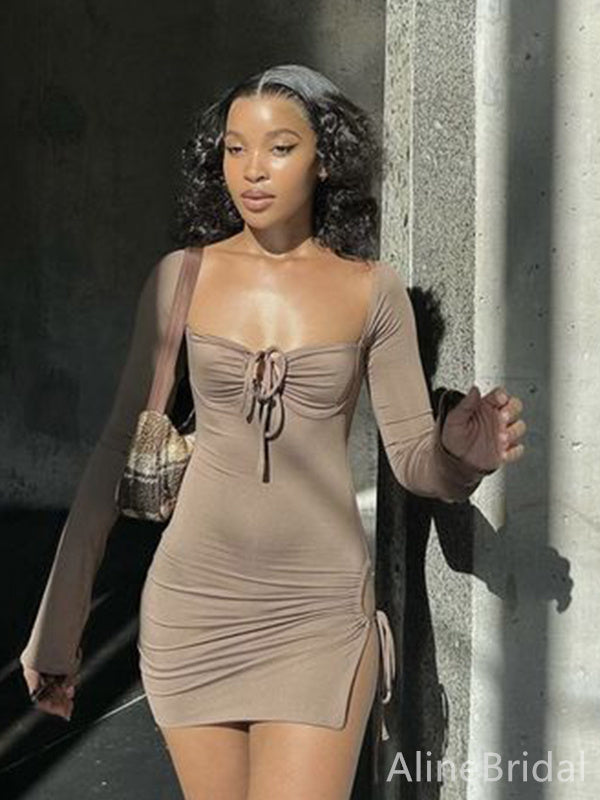 Square Neck Long Sleeve Tie Front Ruched Side Split Bodycon Mini Dress