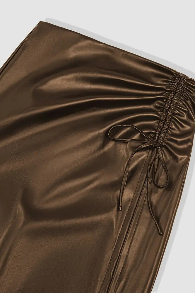 High Waist Faux Leather Ruched Tie Side Slit Midi Skirt 3