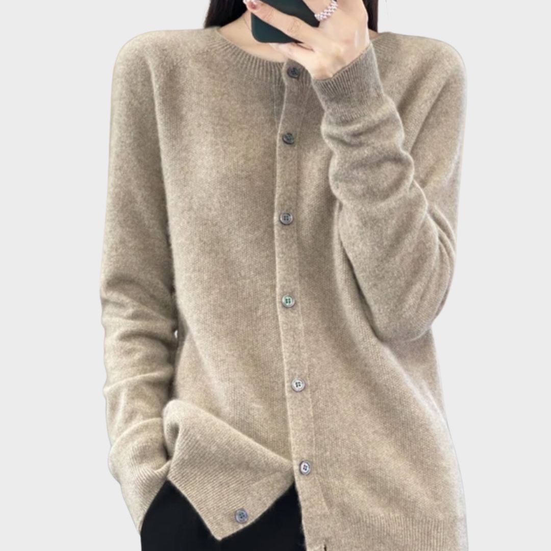 Crew Neck Button Front Long Sleeve Knit Cardigan