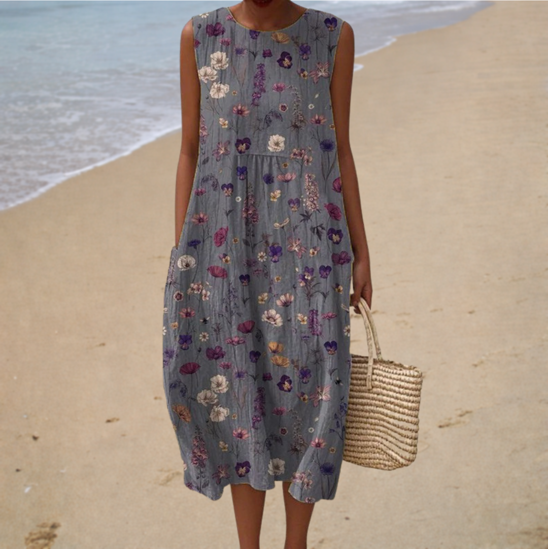 Floral Print Round Neck Sleeveless Midi Dress with Pockets