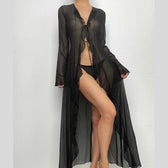 Flared sleeve ruffle sheer mesh see through self tie maxi dress 2