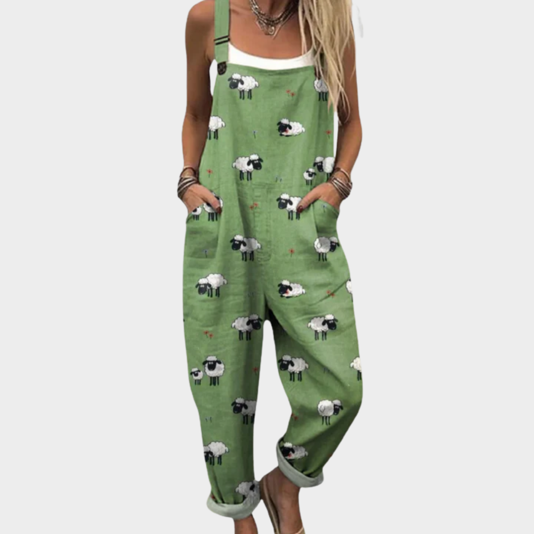 Sheep Print Sleeveless Wide Leg Dungaree Jumpsuit