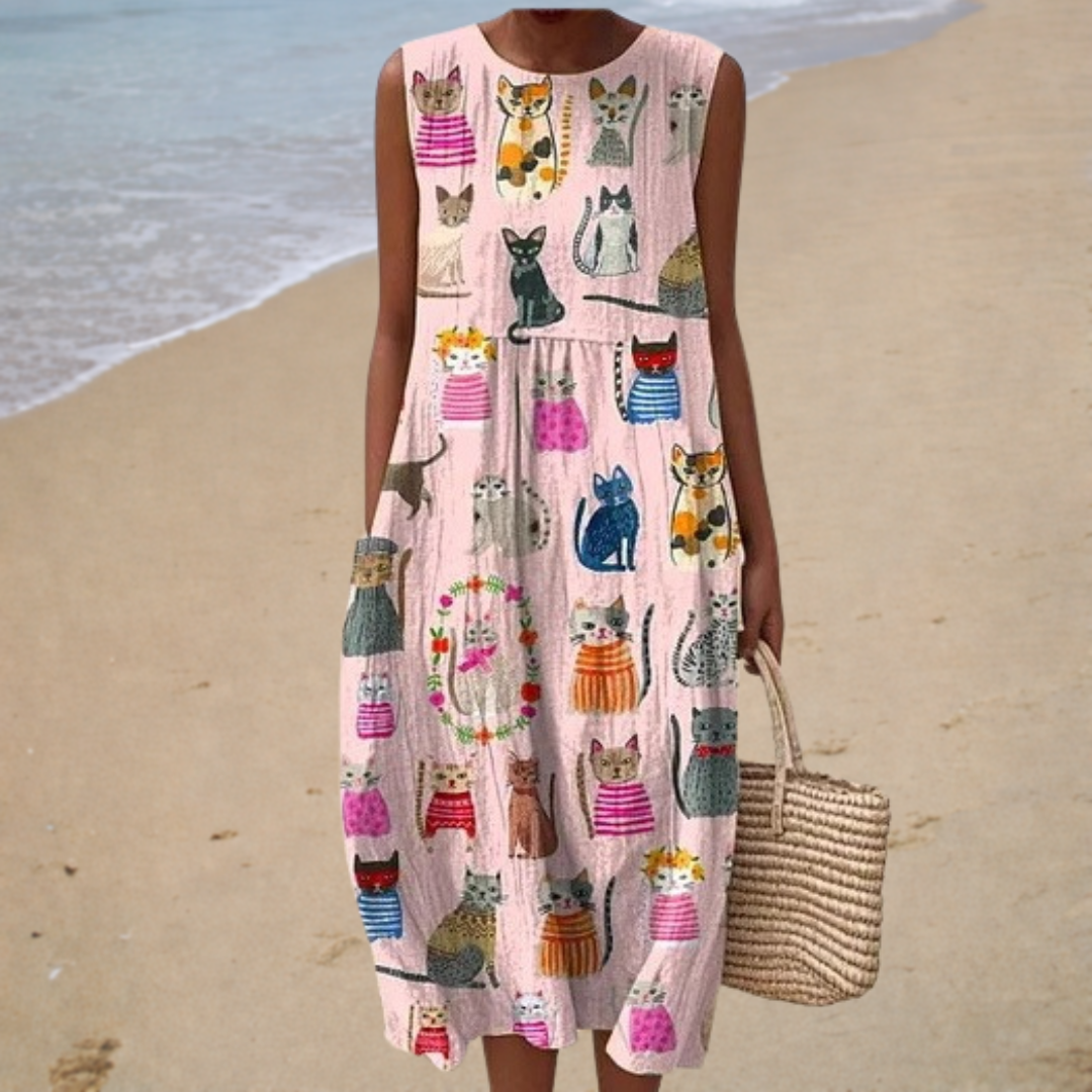 Cat Print Sleeveless Pocket Midi Dress