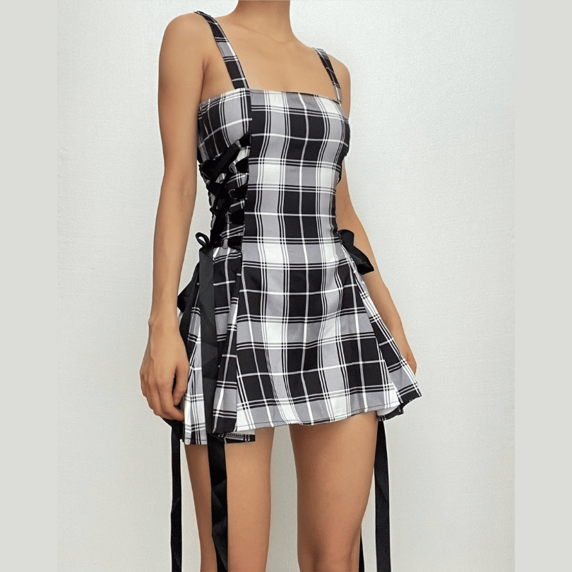 Plaid Square Neck Side Lace Up Ribbon A-Line Mini Dress
