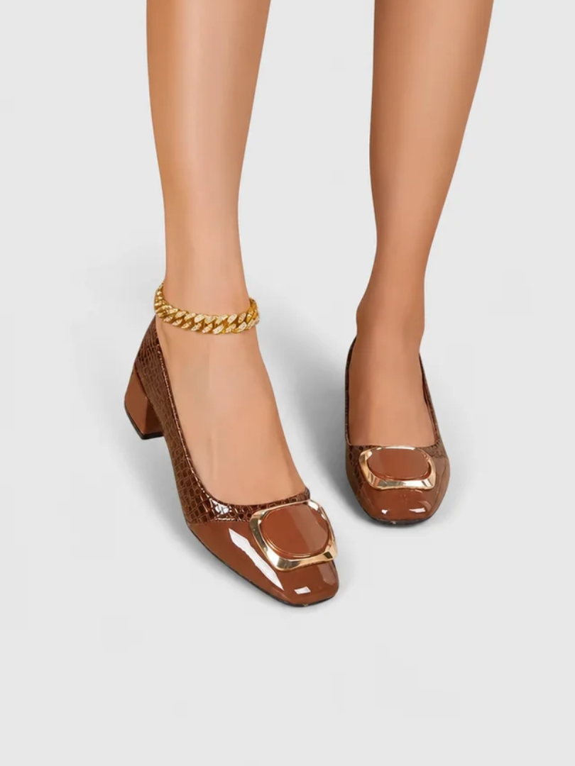 Square Toe Gold Buckle Block Heel Pumps