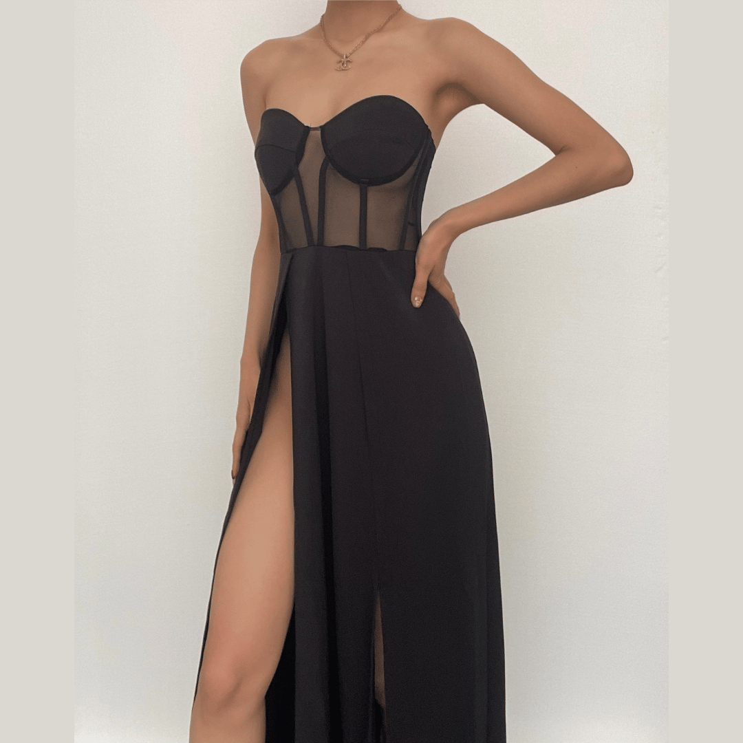 Mesh heart neck high slit pleated tube maxi dress 2