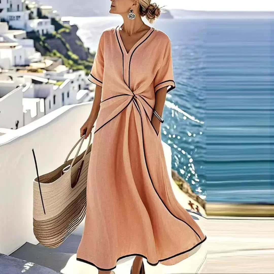 Contrast Trim V-Neck Half Sleeve Twist Front Midi Dress