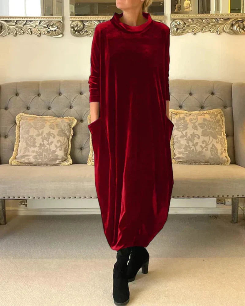 Velvet Cowl Neck Long Sleeve Pocket Oversized Maxi Dress