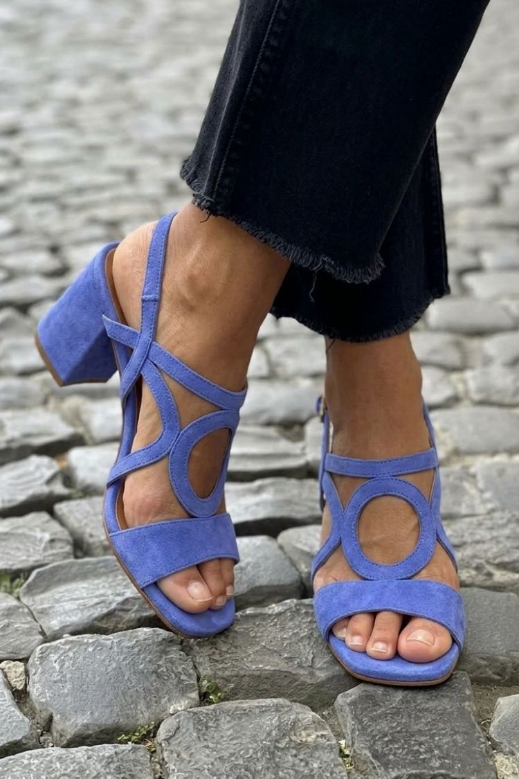 Circle Cut Out Suede Low Block Heel Sandals