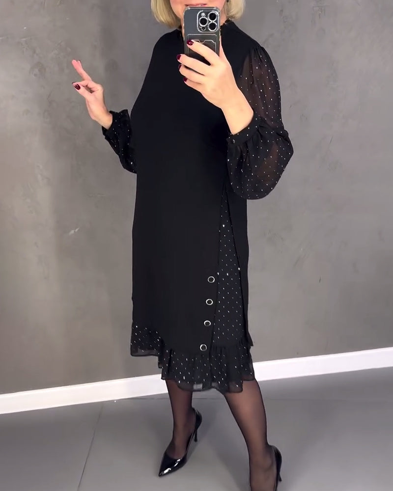 Round Neck Sheer Dot Sleeve Ruffle Hem Shift Midi Dress