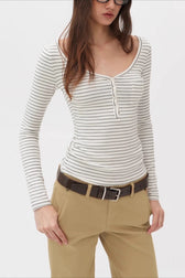 Vintage Washed V Neck Henley Long Sleeve Top