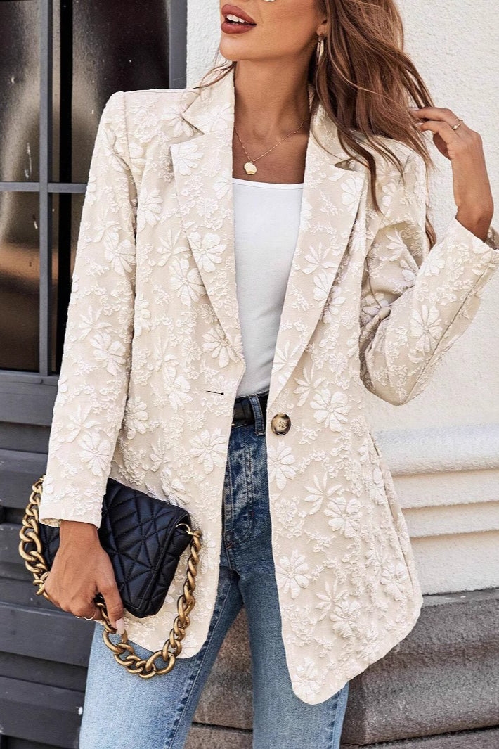 Floral Jacquard Notch Lapel Long Sleeve Single Button Blazer 3