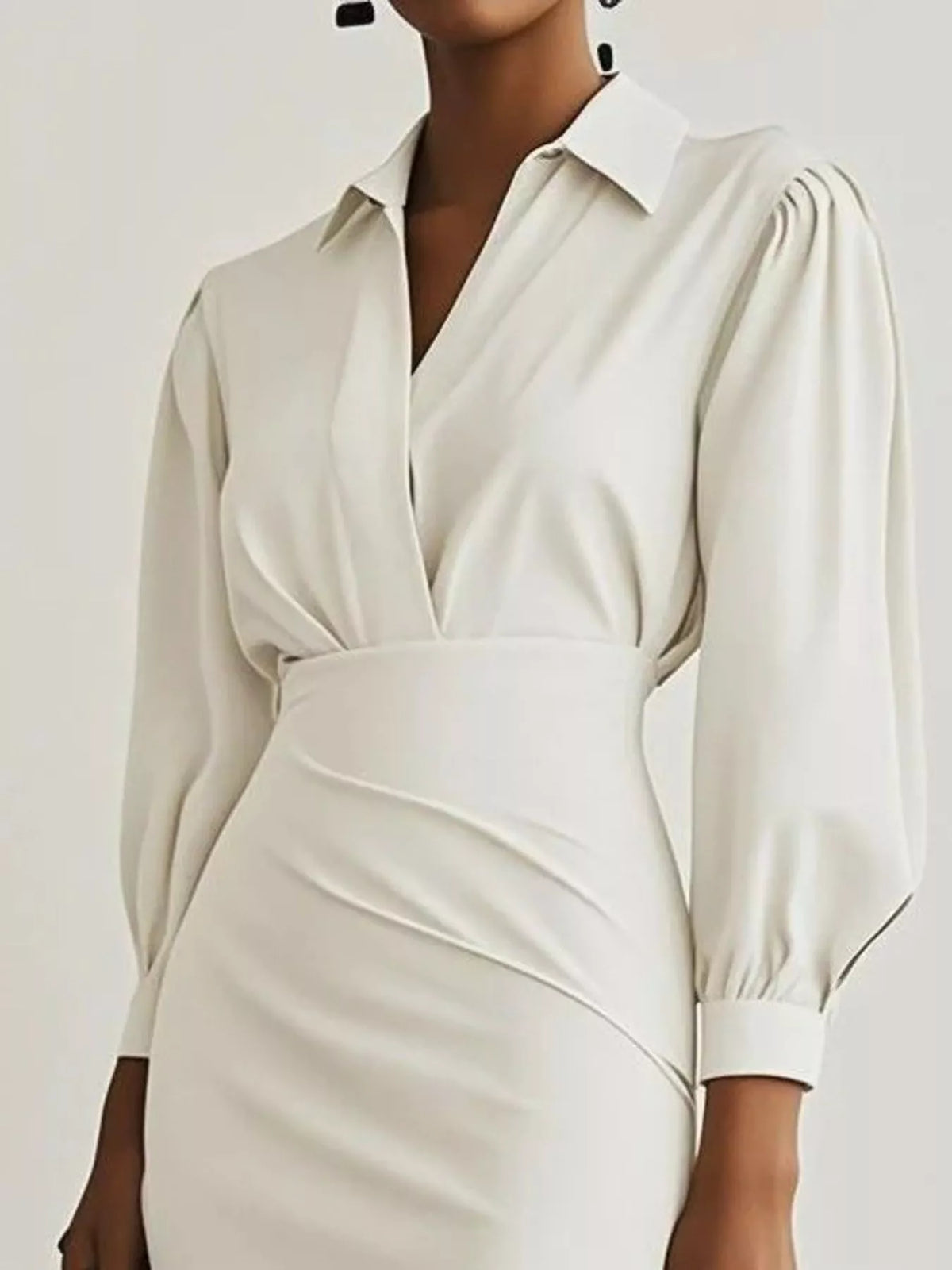Collared V-Neck Puff Sleeve Ruched Side Slit Midi Shirt Dress 10