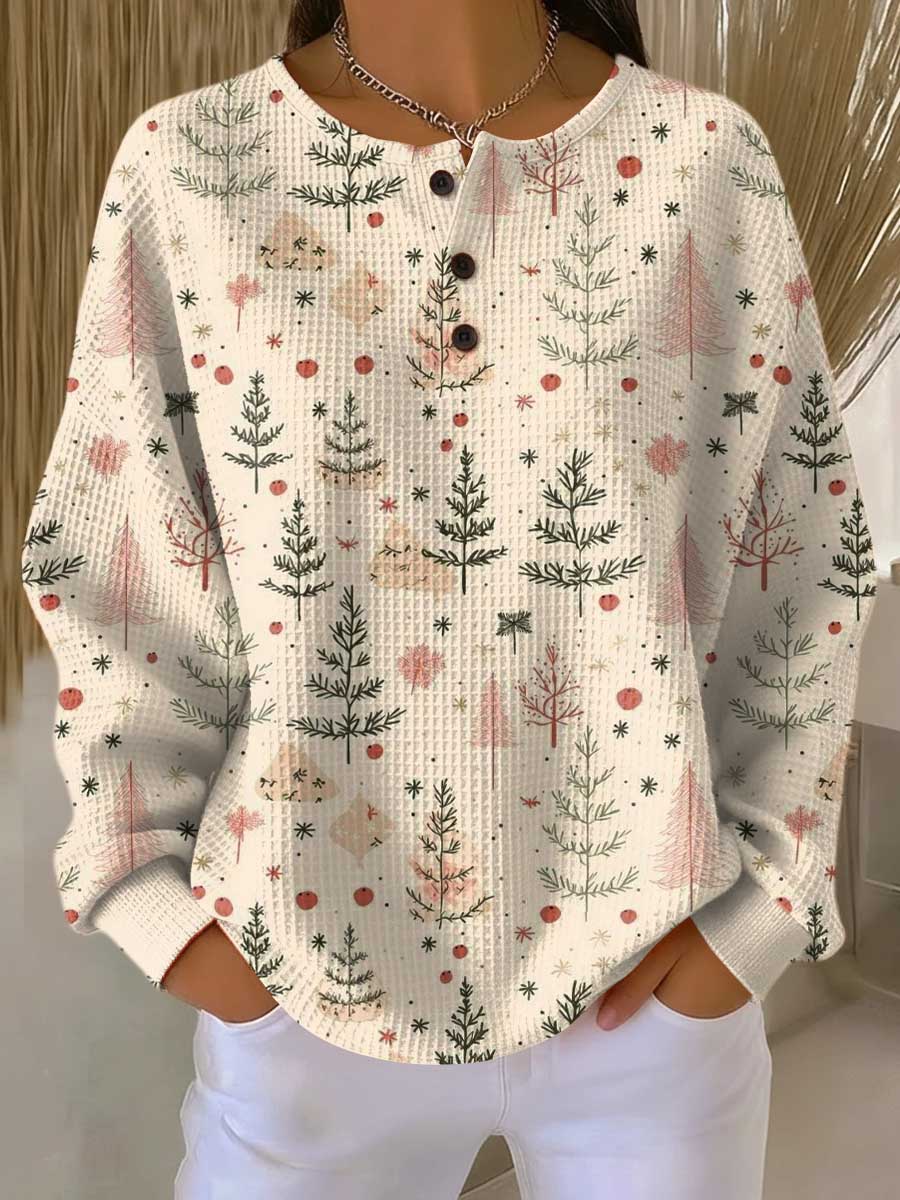 Maple Leaf Print Waffle Knit Button Henley Sweatshirt