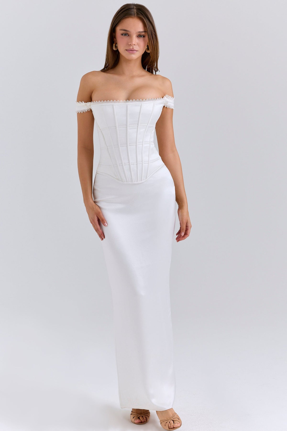 Satin Off Shoulder Corset Bodice Column Maxi Dress